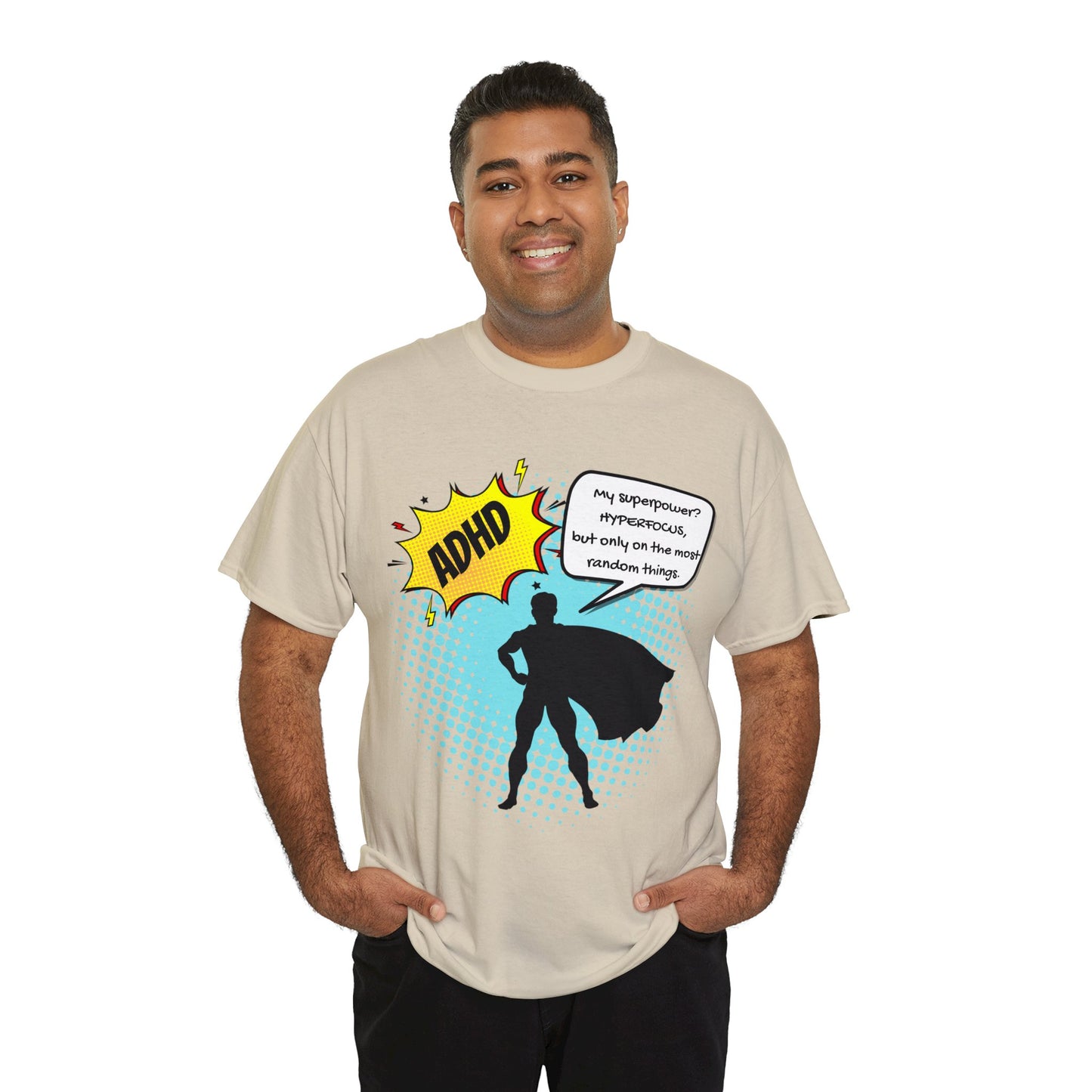 ADHD Superpower Unisex Tee - Embrace Hyperfocus with Humor! (Male Superhero)