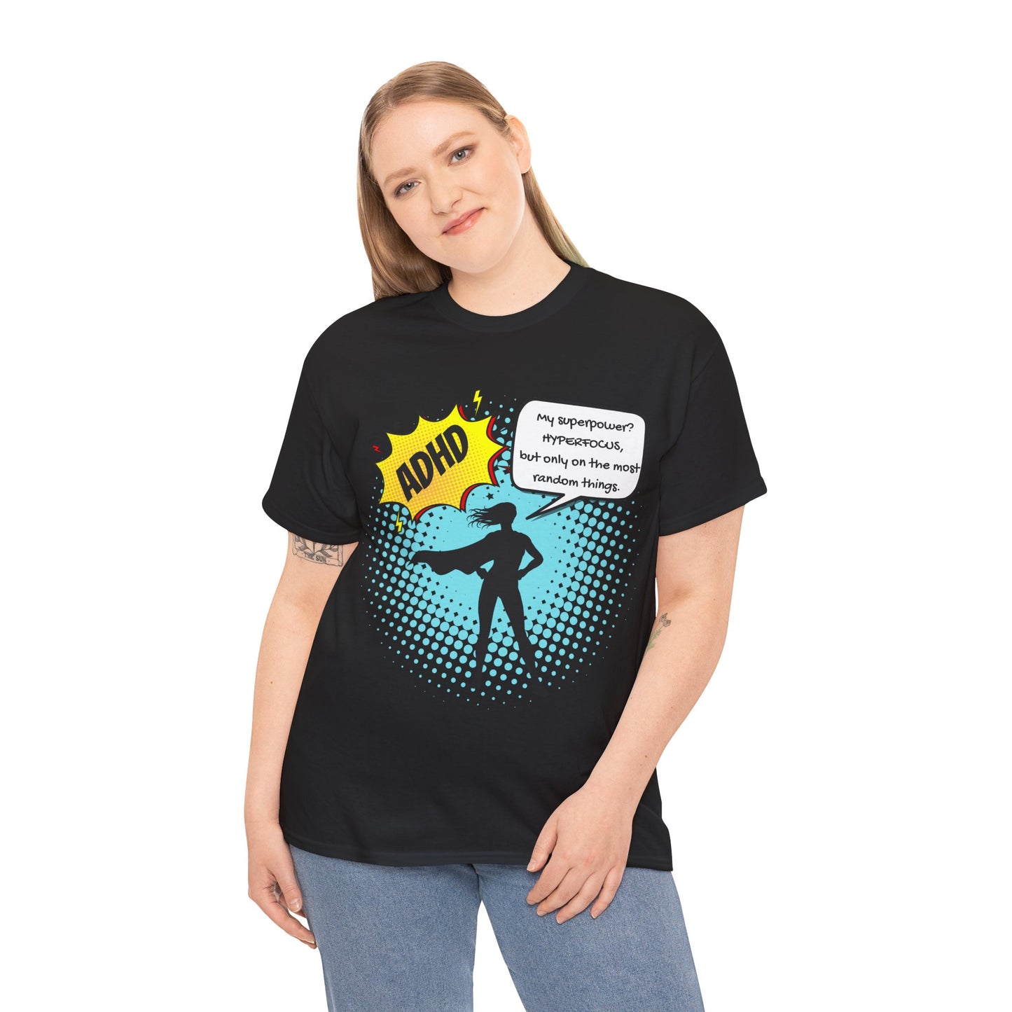 ADHD Superpower Unisex Tee - Embrace Hyperfocus with Humor! (Female Superhero)