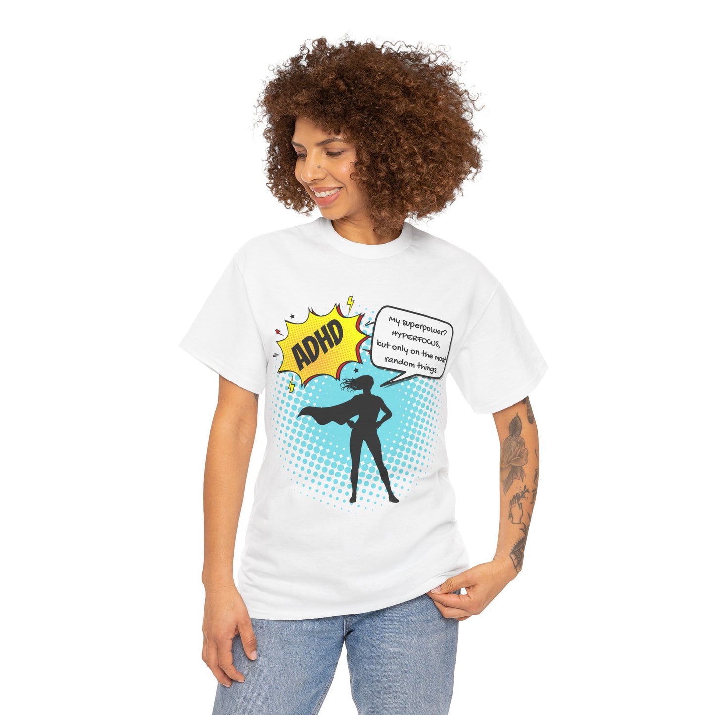 ADHD Superpower Unisex Tee - Embrace Hyperfocus with Humor! (Female Superhero)