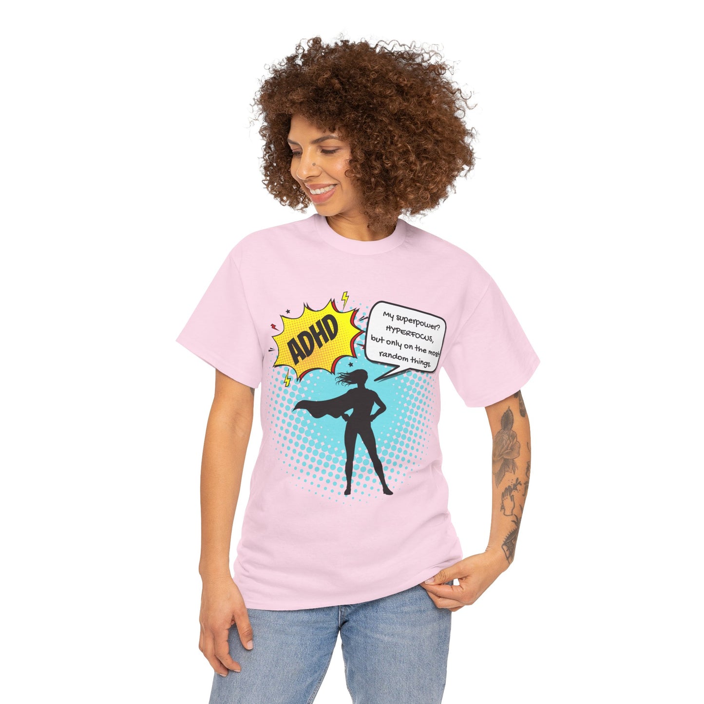 ADHD Superpower Unisex Tee - Embrace Hyperfocus with Humor! (Female Superhero)