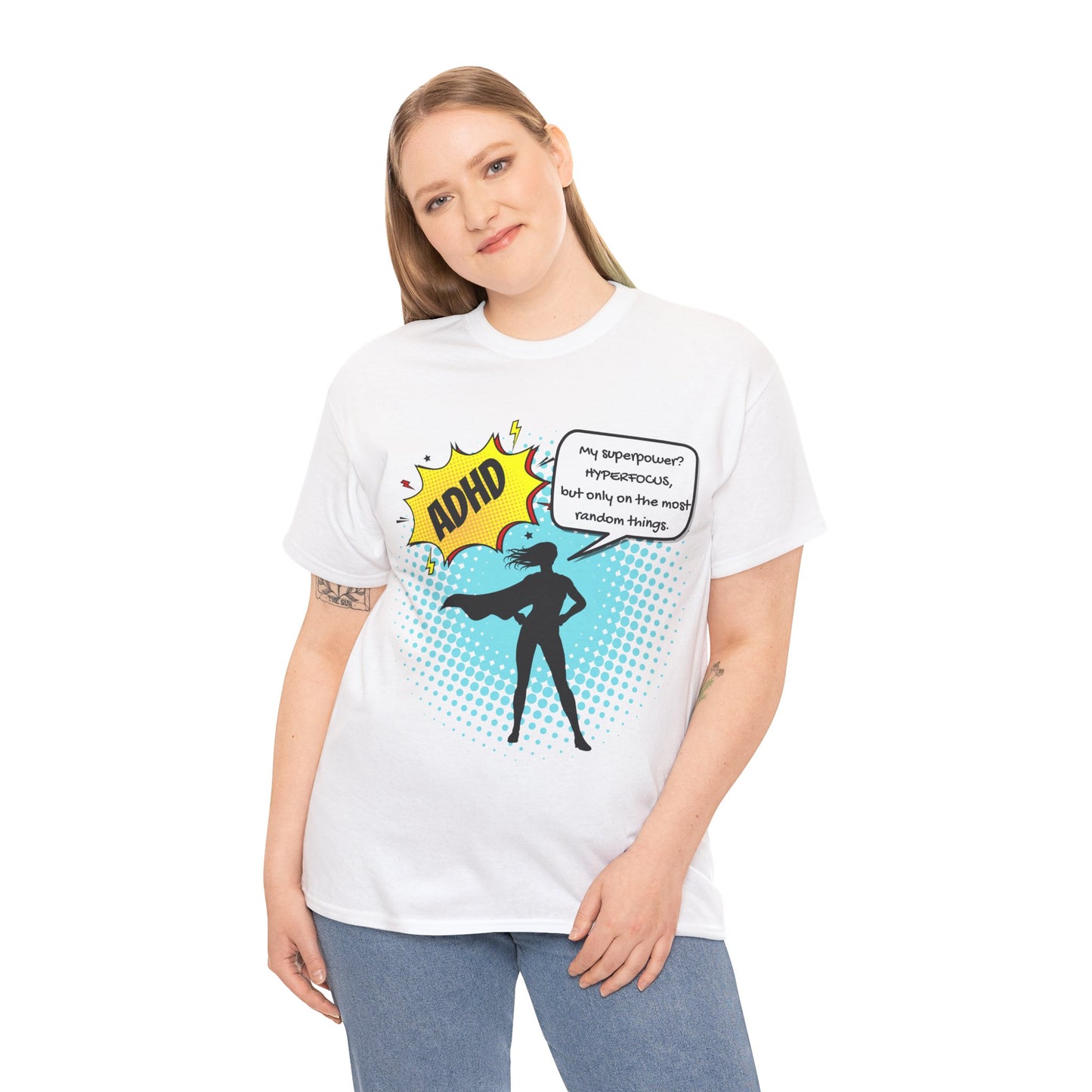 ADHD Superpower Unisex Tee - Embrace Hyperfocus with Humor! (Female Superhero)