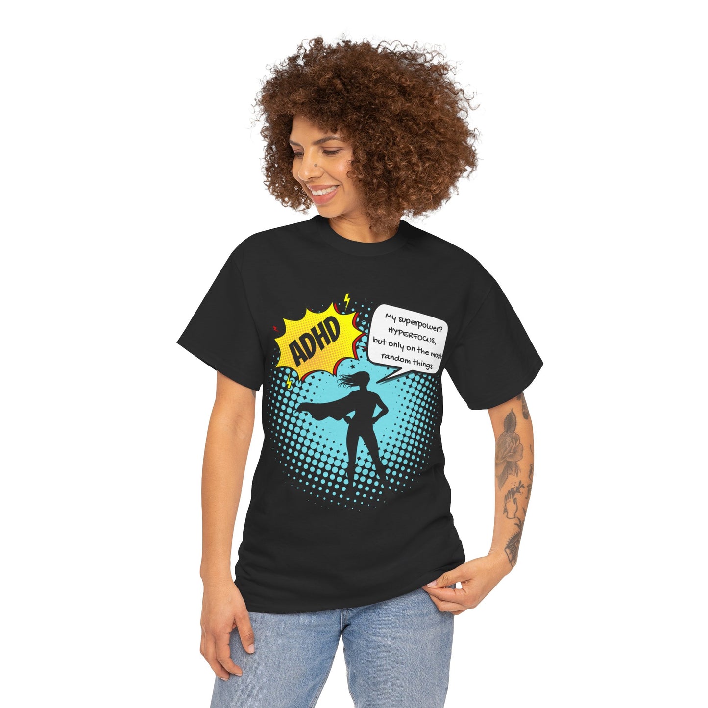 ADHD Superpower Unisex Tee - Embrace Hyperfocus with Humor! (Female Superhero)