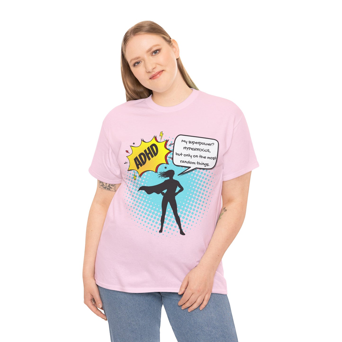 ADHD Superpower Unisex Tee - Embrace Hyperfocus with Humor! (Female Superhero)