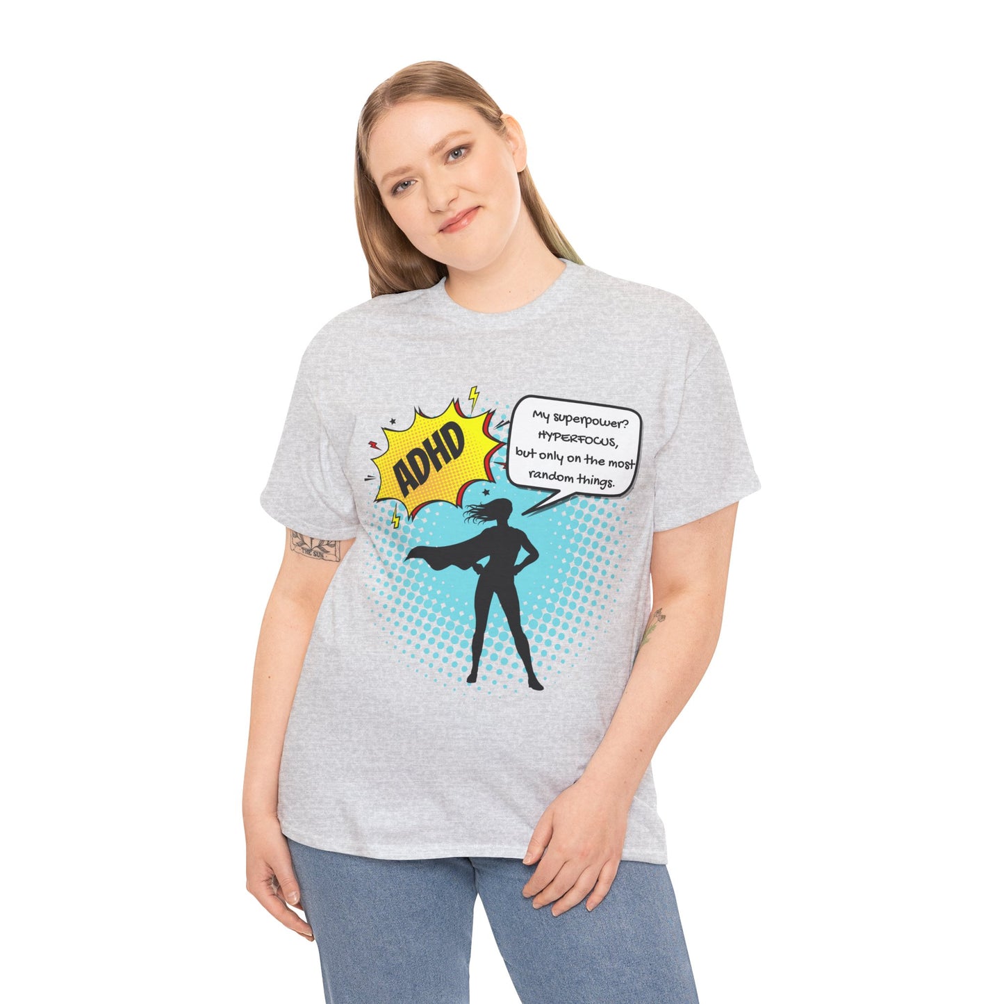 ADHD Superpower Unisex Tee - Embrace Hyperfocus with Humor! (Female Superhero)