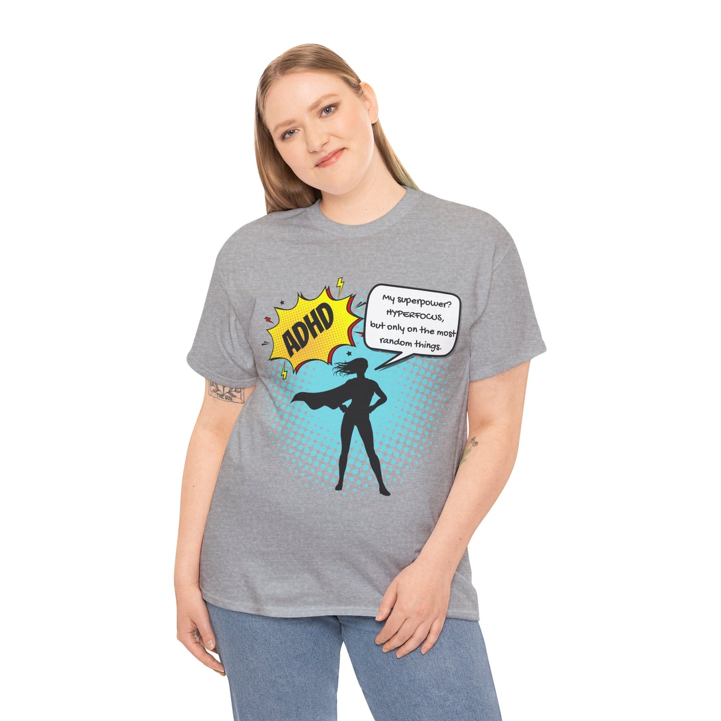 ADHD Superpower Unisex Tee - Embrace Hyperfocus with Humor! (Female Superhero)